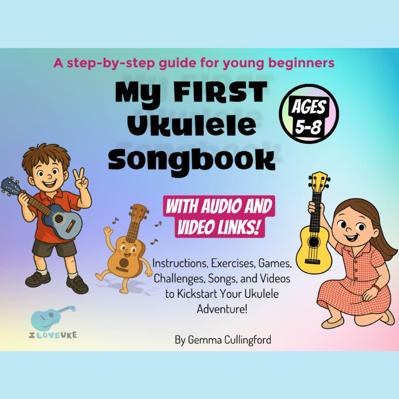 A colorful book cover featuring two children and a cartoon ukulele in the foreground against a light blue and teal gradient background.