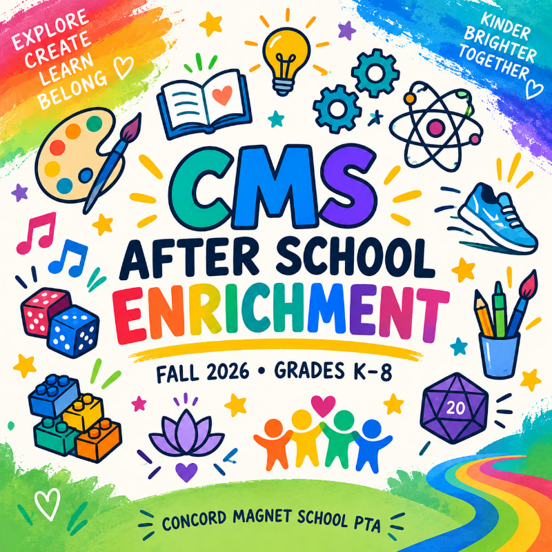 Colorful text reading "CMS AFTER SCHOOL ENRICHMENT" is centered in the foreground, surrounded by various educational icons against a vibrant, rainbow-splattered background.