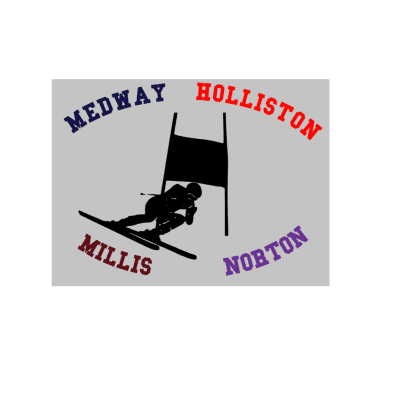 A black silhouette of a skier navigating a gate is centered on a grey background, surrounded by the town names Medway, Holliston, Millis, and Norton.