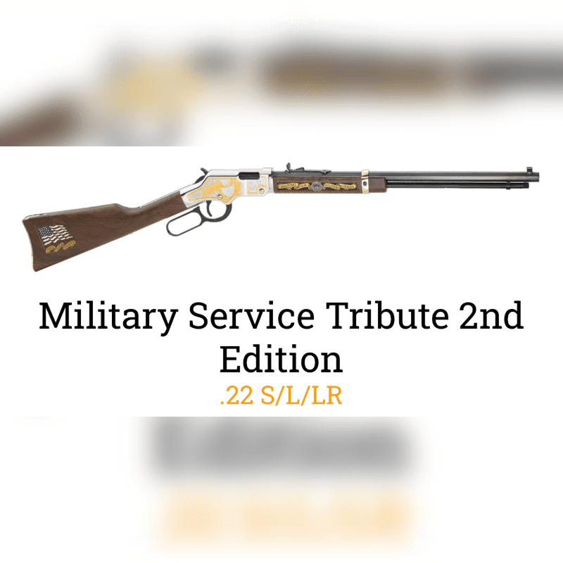 A lever-action rifle with military engravings sits centered against a blurred, neutral-toned background with descriptive text below it.