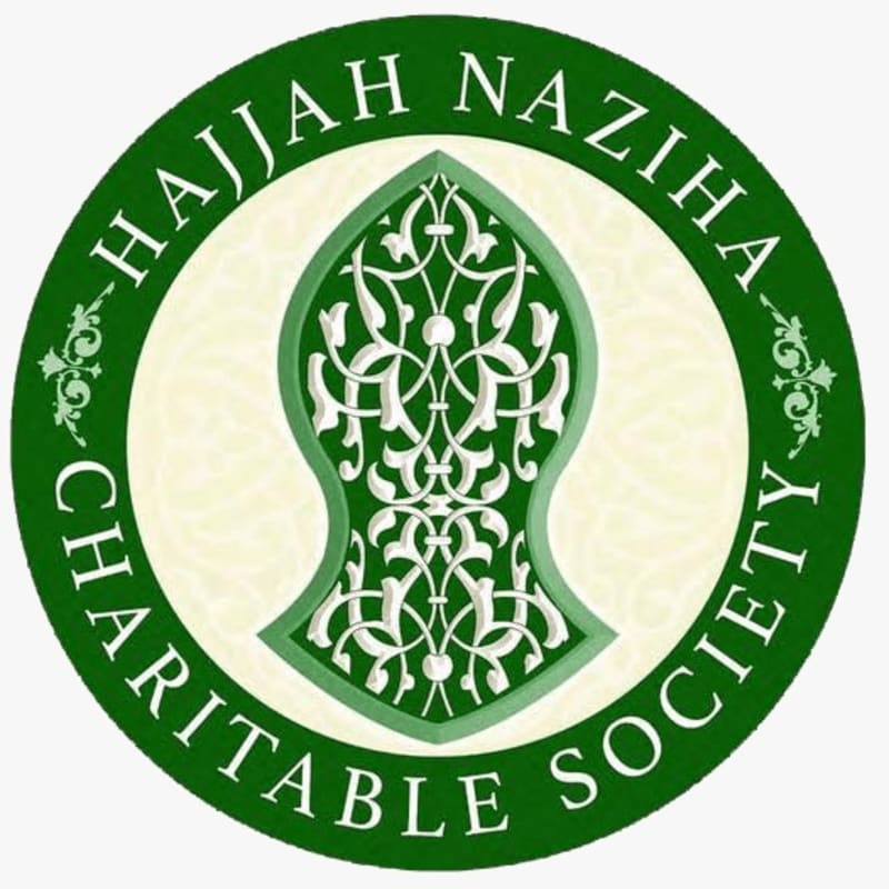 A green circular border with the text "HAJJAH NAZIHA CHARITABLE SOCIETY" surrounds a central green ornate floral emblem set against a pale yellow background.