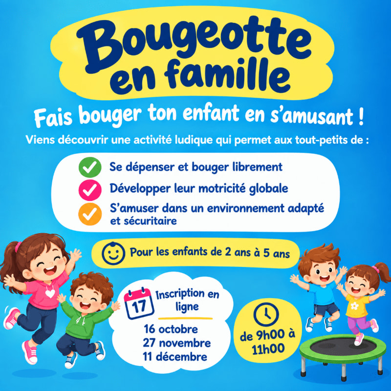 Cheerful children jump and play in the foreground against a bright blue background featuring French text and event details.