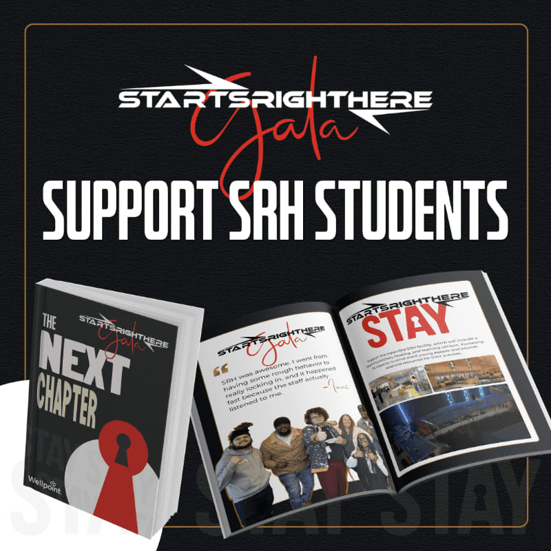 A stack of books and magazines with "STARTSRIGHTHERE GALA" and "SUPPORT SRH STUDENTS" text are displayed against a black background with a textured pattern.