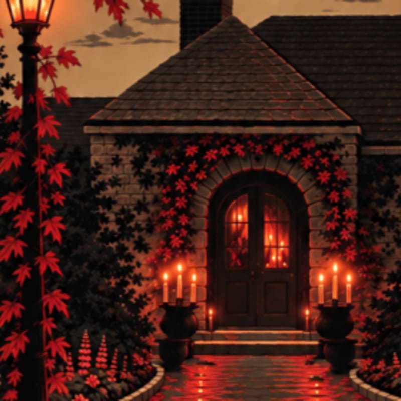 A glowing lamp post and candle-lit urns frame the entrance to a stone cottage draped in red autumn leaves.