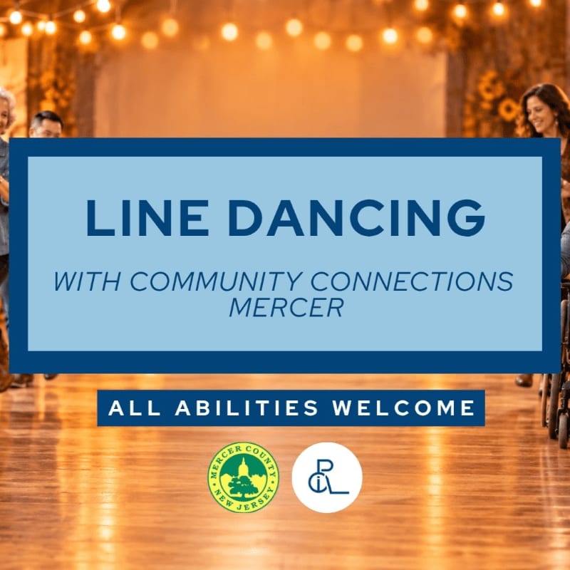 A blue text box announcing line dancing with Community Connections Mercer sits in the foreground over a blurred background of people in a warmly lit dance hall.