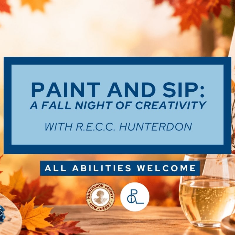 A blue text box announcing a "Paint and Sip" event sits in the center, framed by autumn leaves and a glass of white wine in the foreground against a blurred fall foliage background.