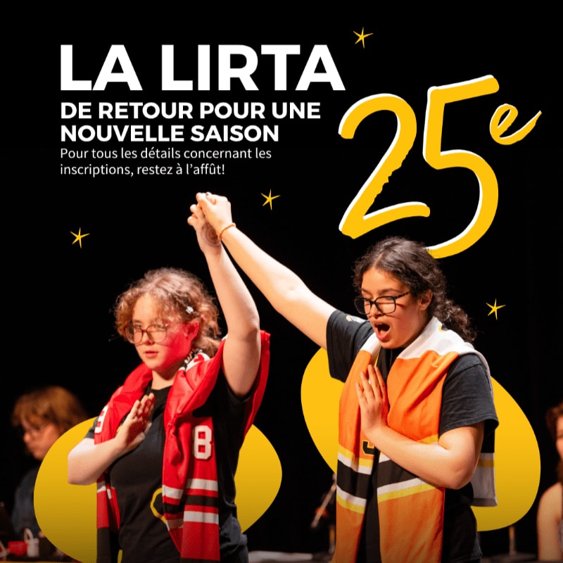 Two young women celebrate with raised hands in the foreground against a black background featuring large yellow text and graphics.