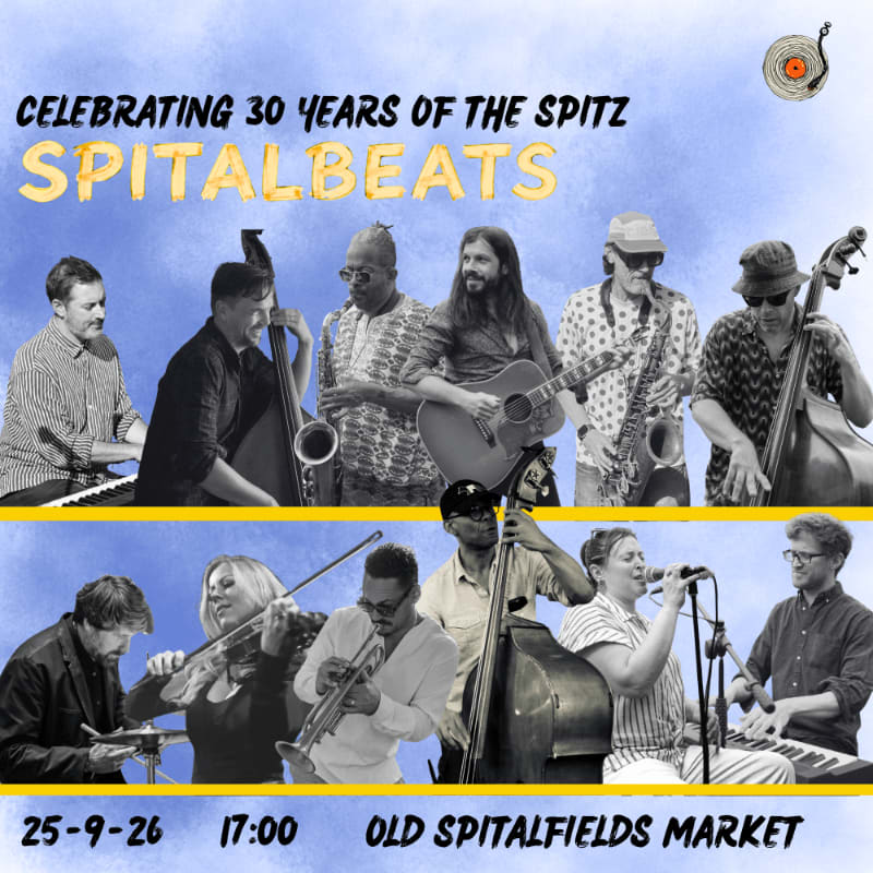 Two rows of musicians playing various instruments are featured against a light blue and yellow background with event text.