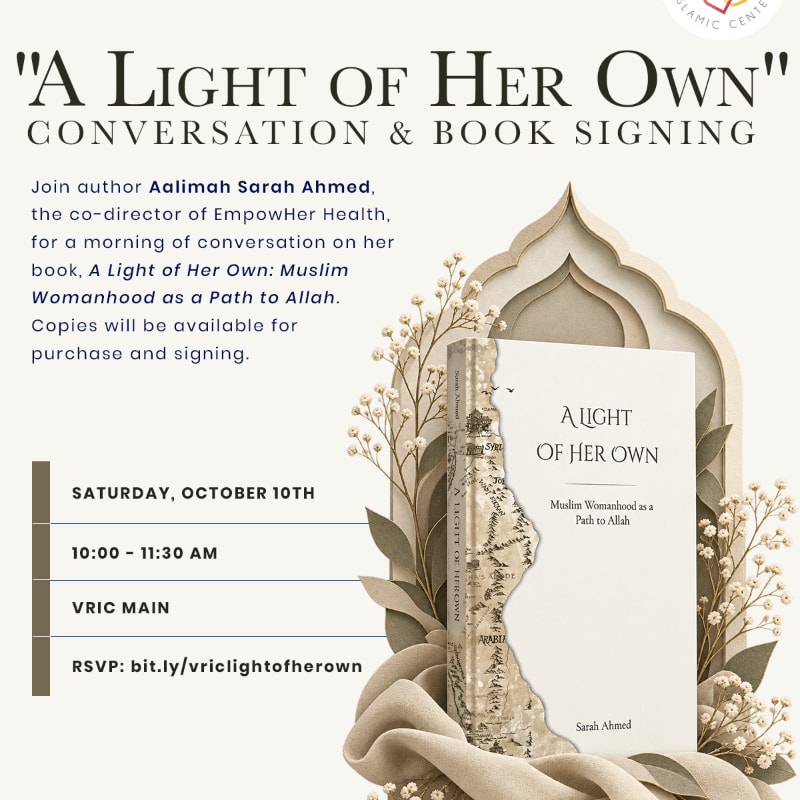 An event flyer for a book signing features a white book titled "A Light of Her Own" in the foreground, set against a neutral background with elegant archways and delicate white flowers.