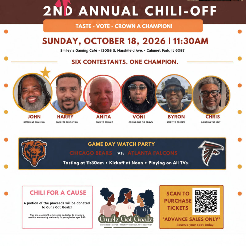 A promotional flyer for the 2nd Annual Chili-Off features six contestant portraits in the foreground against a white background with event details and a game day watch party announcement.