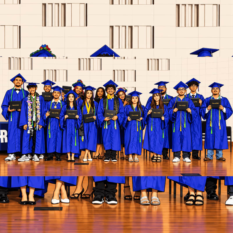 A group of graduates in blue gowns and caps stand together in the foreground against a white, textured wall background.