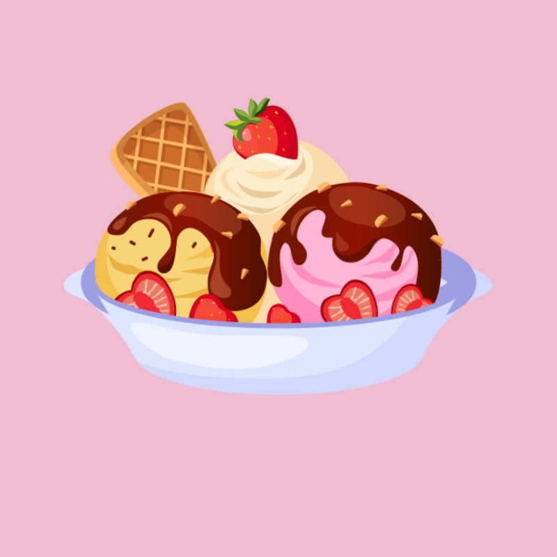 A bowl of chocolate-drizzled ice cream topped with a strawberry and a waffle sits against a solid pink background.