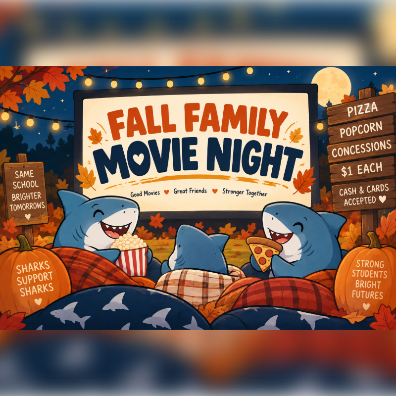 Two smiling sharks cuddle under blankets with popcorn and pizza in the foreground, set against a backdrop of a "Fall Family Movie Night" sign, autumn leaves, and a full moon.