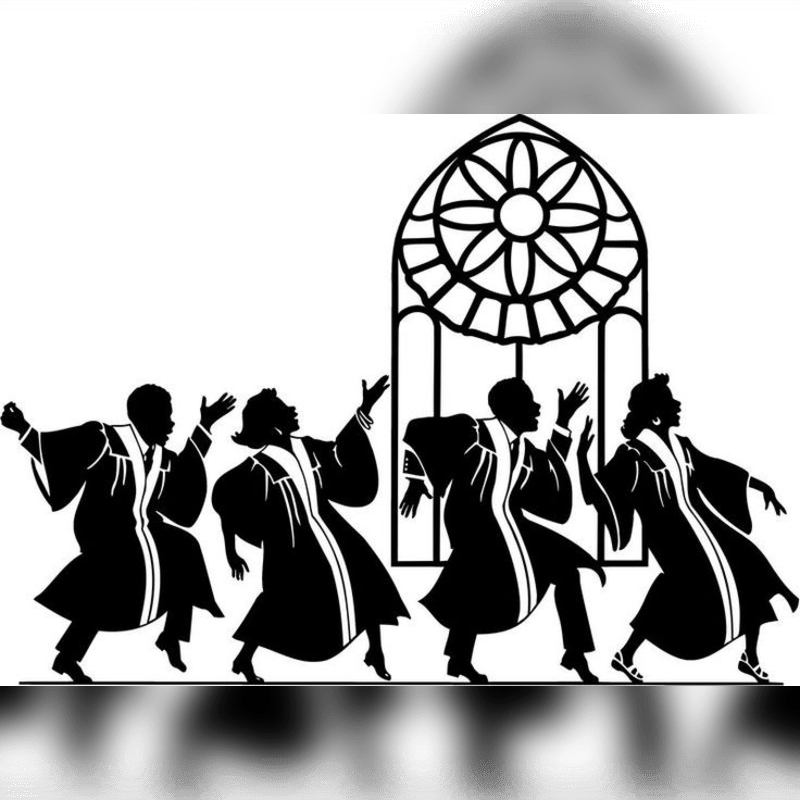 Four silhouettes of people in robes dance in the foreground against a white background featuring a gothic arched window.