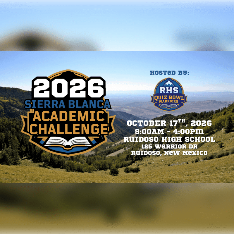 An event flyer for the 2026 Sierra Blanca Academic Challenge is overlaid on a scenic background of rolling green hills and distant mountains under a clear blue sky.