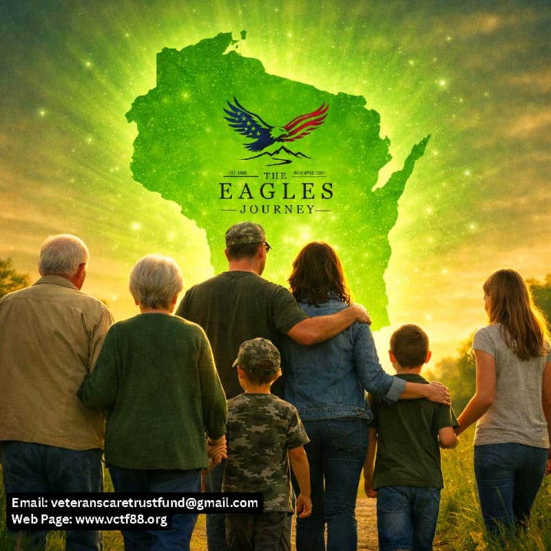 A multi-generational family stands with their backs to the viewer in the foreground, looking toward a glowing green map of Wisconsin featuring an eagle logo in the background.