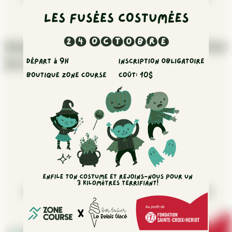 Halloween-themed event text and cartoon monsters occupy the center of a light-colored background with sponsor logos at the bottom.