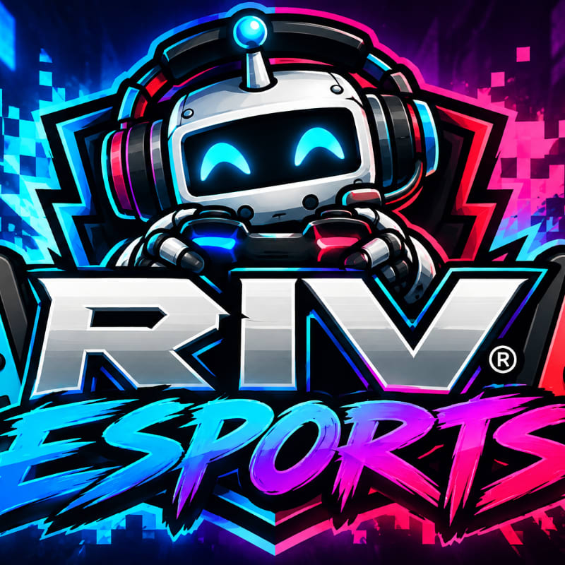 A robotic gamer wearing headphones and holding a controller sits behind the bold "RIV ESPORTS" text against a vibrant blue and purple digital background.