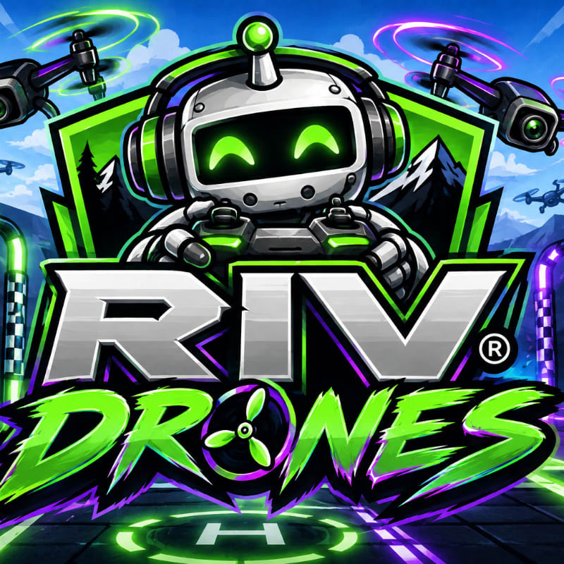 A small robot holding a controller sits behind the "RIV DRONES" logo, surrounded by flying drones and a mountainous landscape.
