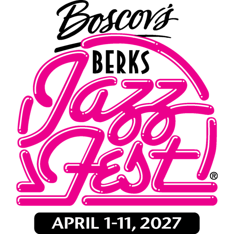 Bright pink stylized text reading "Jazz Fest!" and "BERKS" sits above a black date banner against a plain white background, topped with the "Boscov's" logo.
