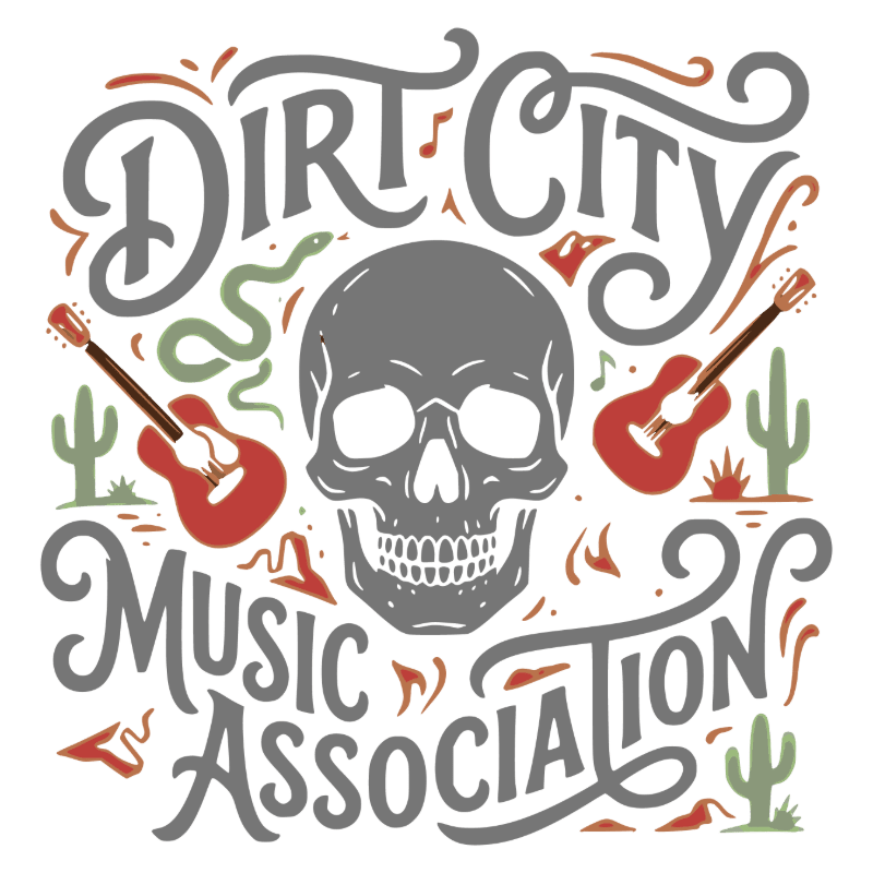 A grey skull is centered between two red guitars and cacti, surrounded by the stylized text "Dirt City Music Association" on a plain white background.