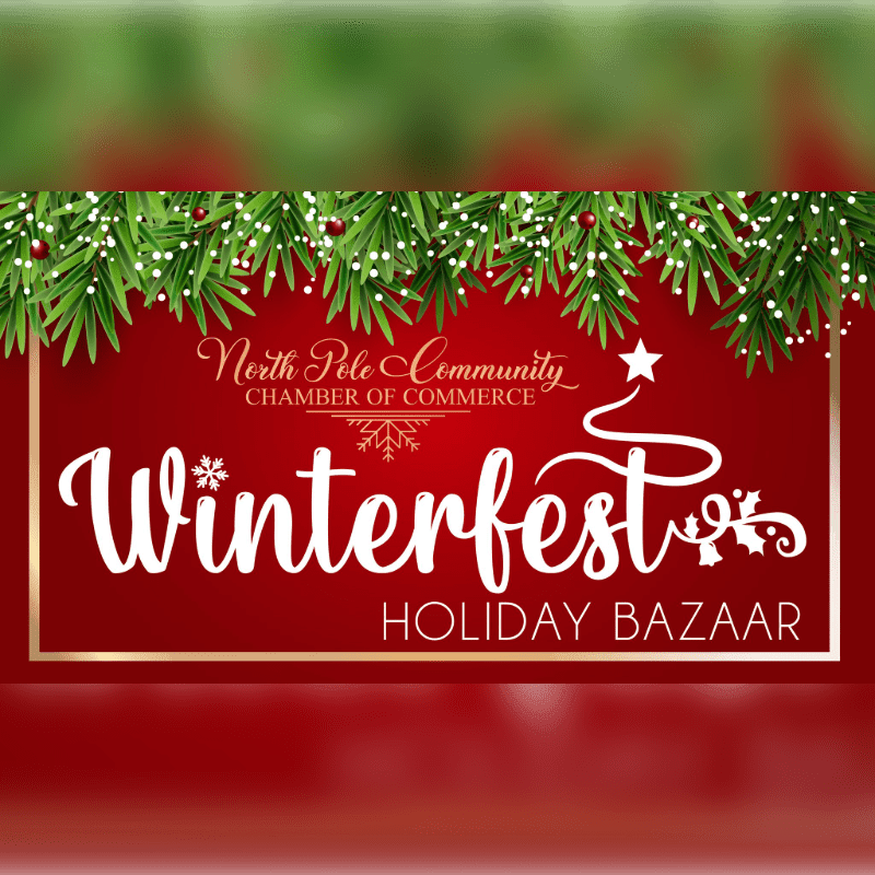 A red sign for the "Winterfest Holiday Bazaar" is framed by a gold border and topped with snowy evergreen branches against a blurred green and red background.