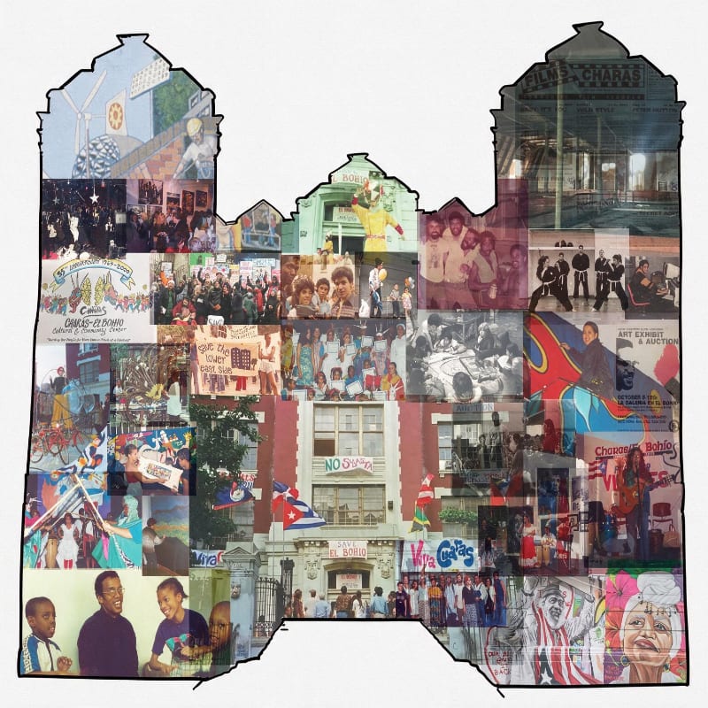 A collage of historical photographs depicting community events and people fills the silhouette of a building, with a mural visible on the upper left section.