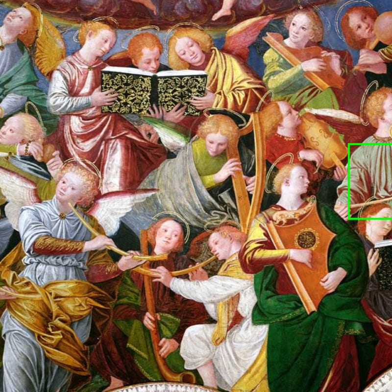 Angels in colorful robes play musical instruments and read a book in the foreground, set against a backdrop of more celestial figures and soft clouds.