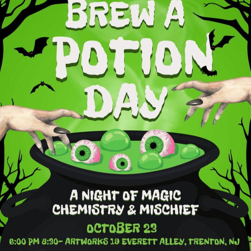A black cauldron filled with green liquid and eyeballs sits in the foreground, while pale hands, bats, and spooky trees surround the text against a vibrant green background.