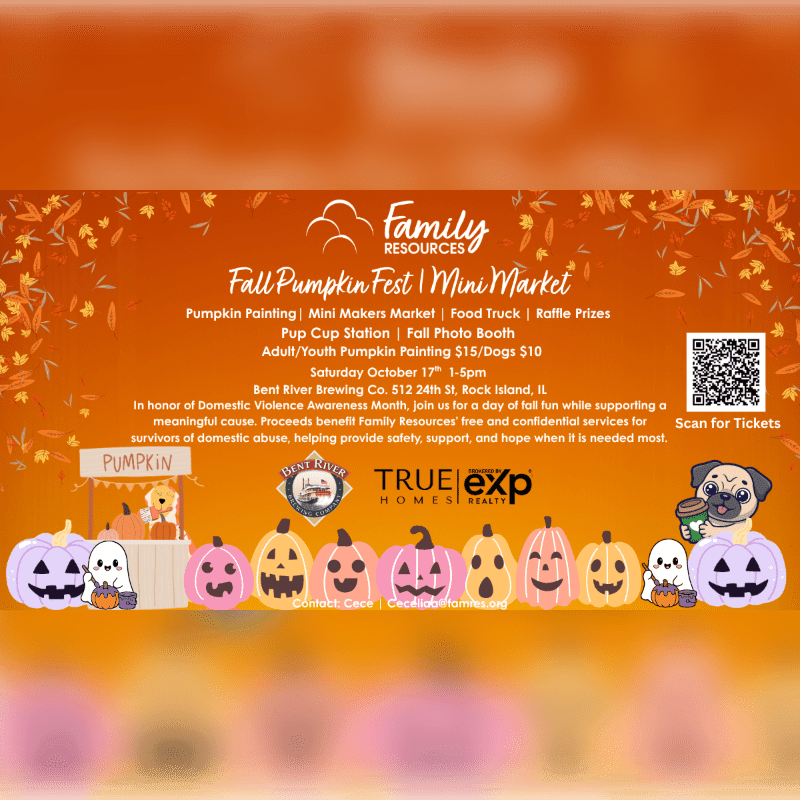 An event flyer for the Fall Pumpkin Fest and Mini Market features text and logos in the center, surrounded by a row of cute pumpkins and ghosts in the foreground against an orange autumn-leaf background.