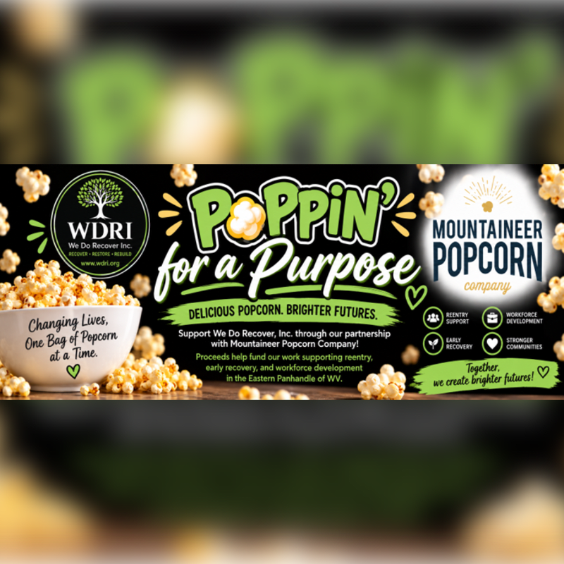 A bowl of popcorn sits in the foreground against a black background featuring the "Poppin' for a Purpose" campaign text and logos for WDRI and Mountaineer Popcorn Company.