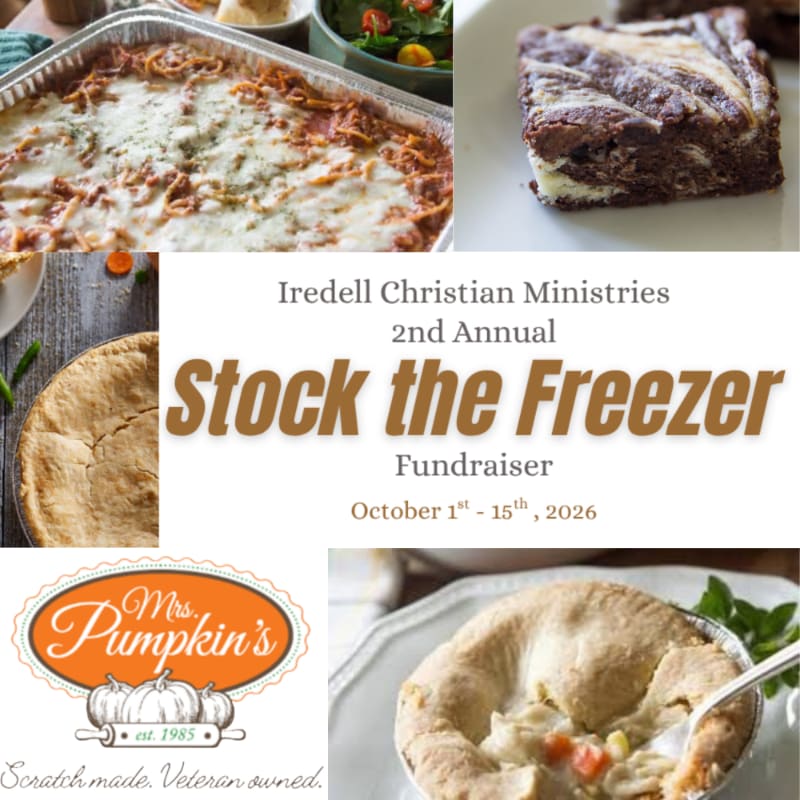 A promotional flyer for the "Stock the Freezer" fundraiser features various baked goods in the foreground and background surrounding event details.