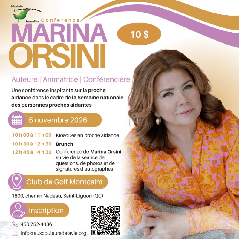 A woman in an orange patterned blouse is positioned in the foreground of a promotional flyer featuring event details and a white background with purple and gold accents.