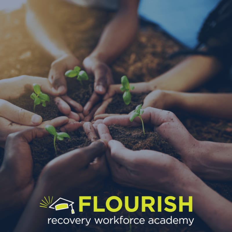 Multiple hands gather in a circle around small green sprouts in dark soil, with a blurred background and the "FLOURISH recovery workforce academy" logo at the bottom.