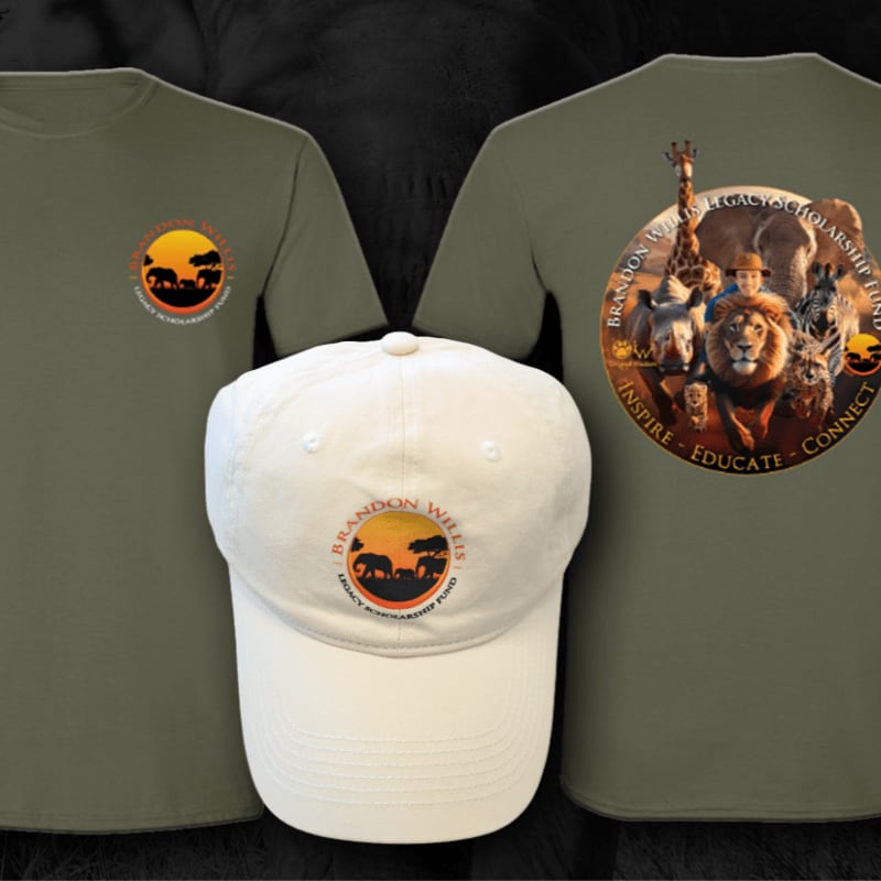 A white baseball cap sits in the foreground before two olive green t-shirts featuring animal-themed logos against a dark, textured background.