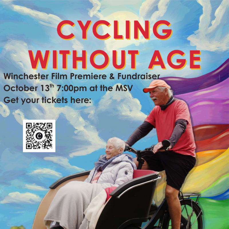 A man pedals a rickshaw carrying an elderly woman in the foreground, set against a background of a blue sky and a colorful rainbow wave with event text.