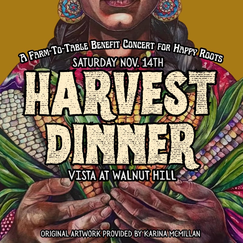 A person holding corn is featured in the foreground of a promotional poster for a "Harvest Dinner" set against a solid gold background.
