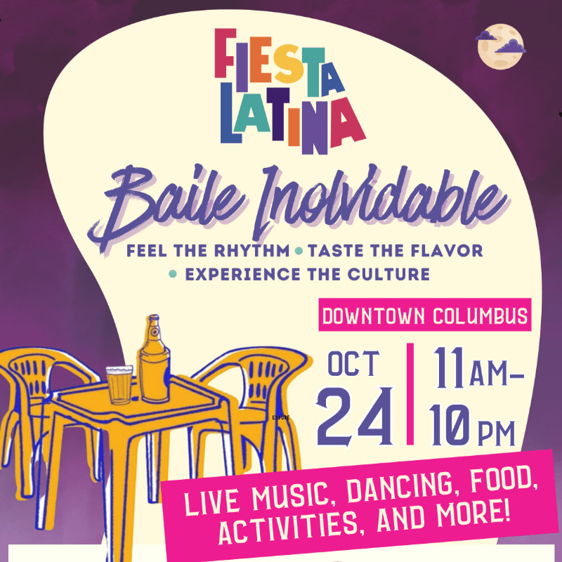 A colorful event flyer for "Fiesta Latina" features a table and chairs in the foreground against a purple background with a moon.