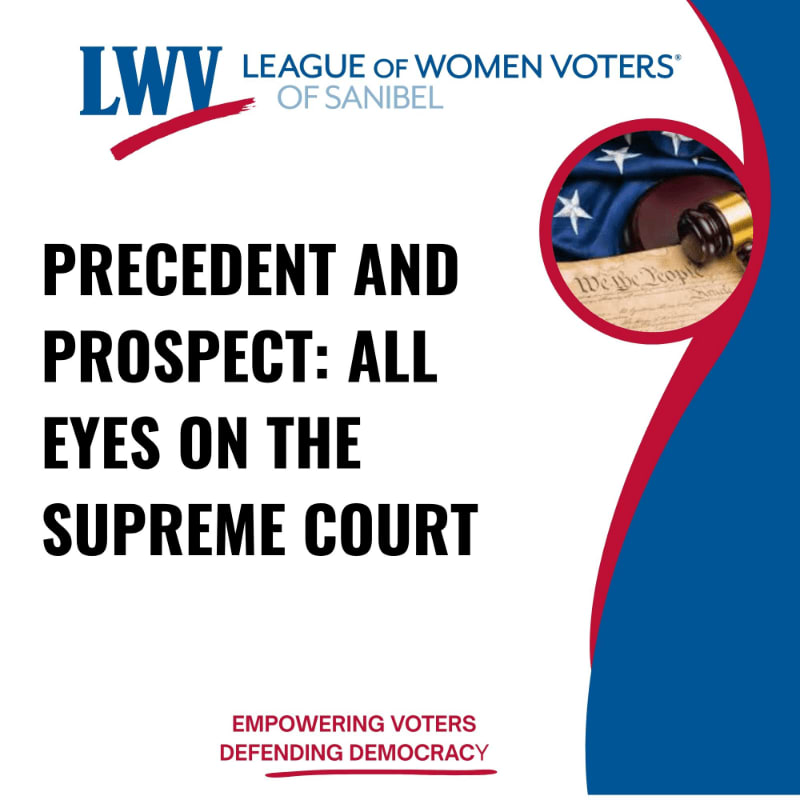 Bold black text and the League of Women Voters logo sit on a white background, with a circular inset of a gavel and American flag against a blue curved accent.
