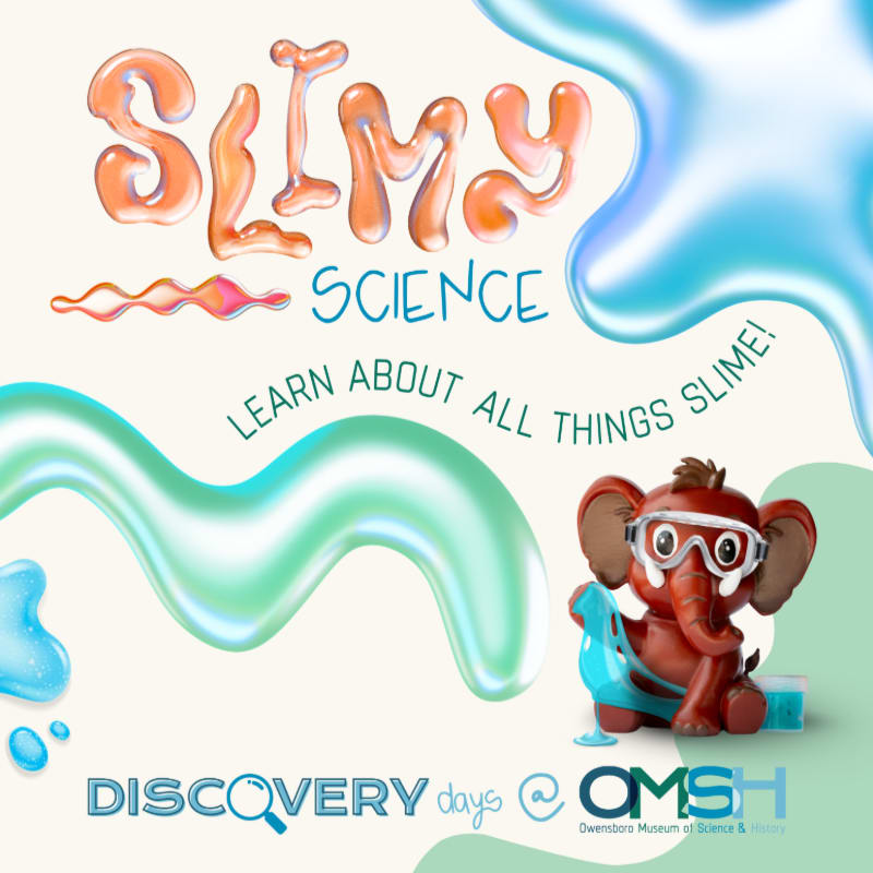 A cartoon elephant wearing goggles sits next to a beaker in the foreground, with "Slimy Science" text and swirls of colorful slime in the background.
