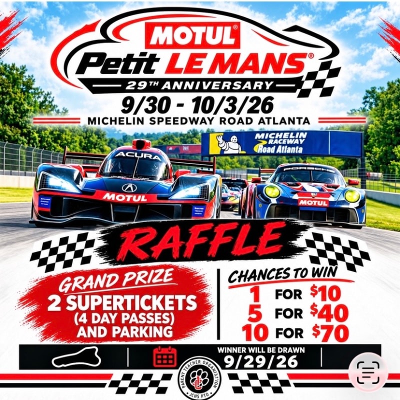 A raffle advertisement for the Petit Le Mans race features two race cars in the foreground against a backdrop of a racetrack and a blue Michelin sign.