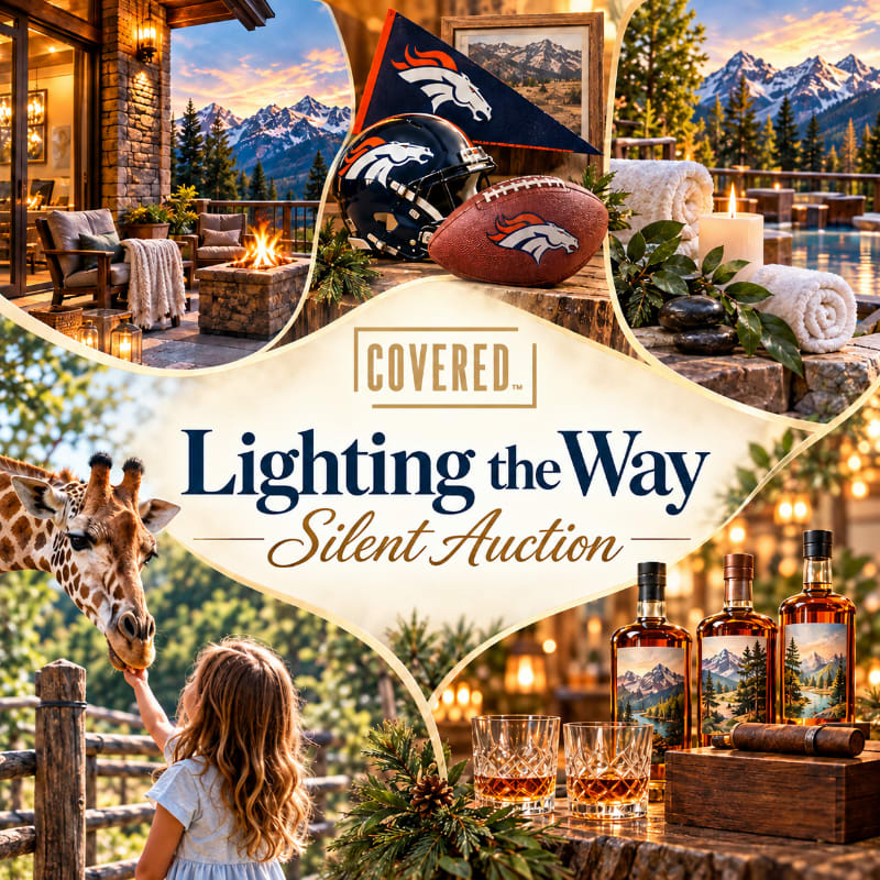 A promotional collage features a luxury lodge, football gear, and a spa setting at the top, with a young girl feeding a giraffe and bottles of whiskey on a wooden table at the bottom, all centered around text for a "Lighting the Way Silent Auction."