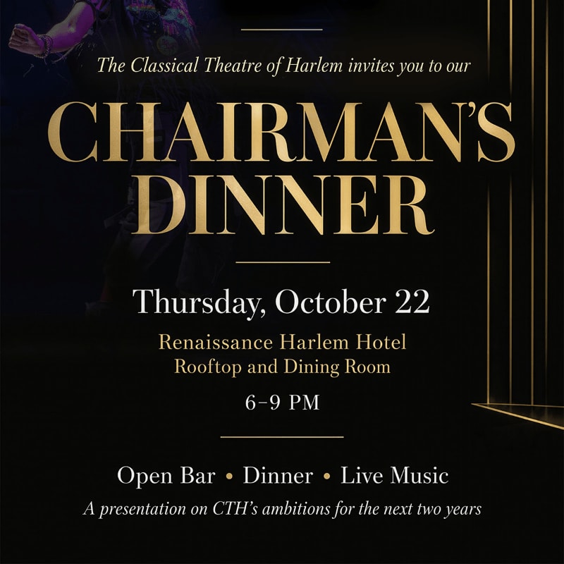Gold text announcing a "Chairman's Dinner" event is centered over a dark background featuring a faint figure of a performer and gold vertical lines.