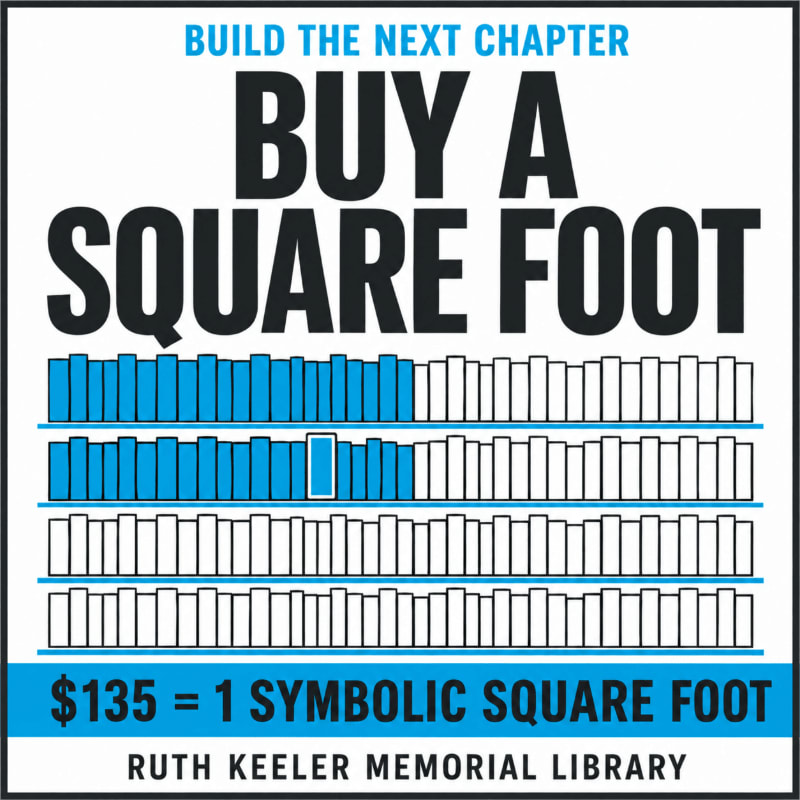 Bold black and blue text promoting a fundraiser for the Ruth Keeler Memorial Library sits above a grid of book-like rectangles, some of which are filled in blue.