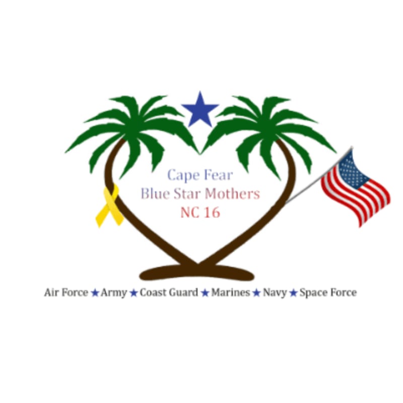 Two palm trees form a heart shape in the foreground, with a yellow ribbon and an American flag, while the background displays text identifying "Cape Fear Blue Star Mothers NC 16" and the branches of the U.S. military.