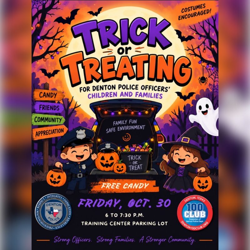 Two children dressed as a police officer and a witch stand in the foreground by a car trunk filled with pumpkins, set against a spooky Halloween background with a large moon, bats, and a ghost.