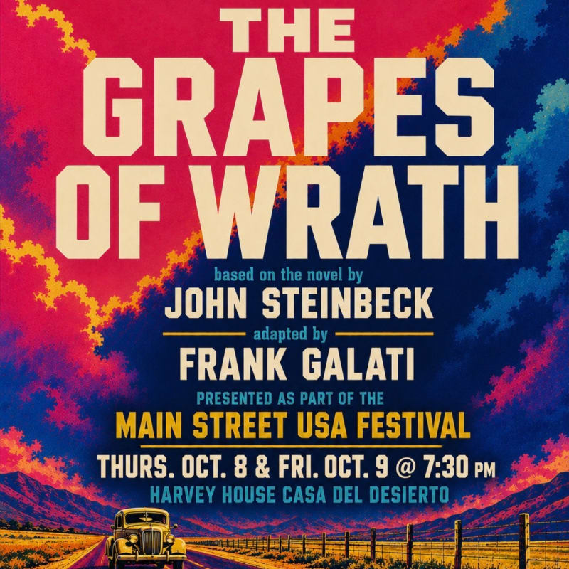 Bold white and yellow text advertising a production of "The Grapes of Wrath" is layered over a colorful, stylized landscape featuring a vintage car on a road leading toward distant mountains.