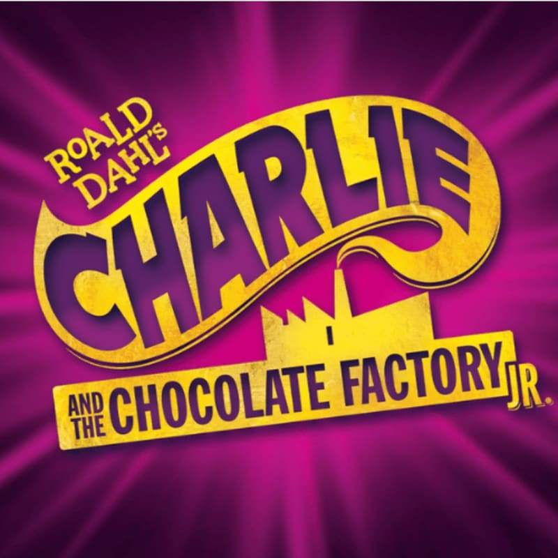 Yellow text reading "Roald Dahl's Charlie and the Chocolate Factory Jr." sits in the foreground against a purple radial burst background.