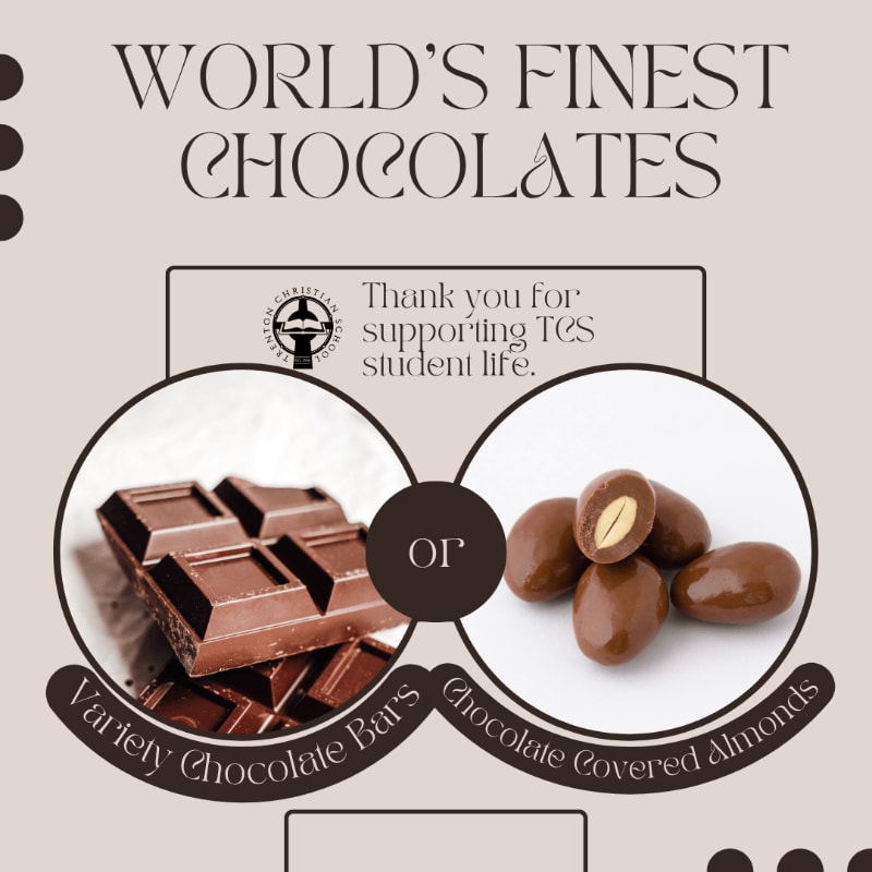 Two circular photos of chocolate bars and chocolate-covered almonds sit in the foreground against a light beige background with promotional text.