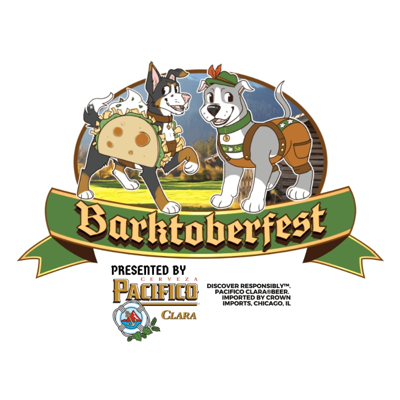 Two dogs, one wearing a taco costume and the other in lederhosen, stand before a rural landscape in a "Barktoberfest" promotional graphic.
